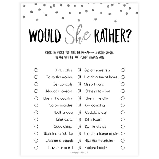 baby would she rather, would she rather game, Printable baby shower games, baby silver glitter fun baby games, baby shower games, fun baby shower ideas, top baby shower ideas, silver glitter shower baby shower, friends baby shower ideas