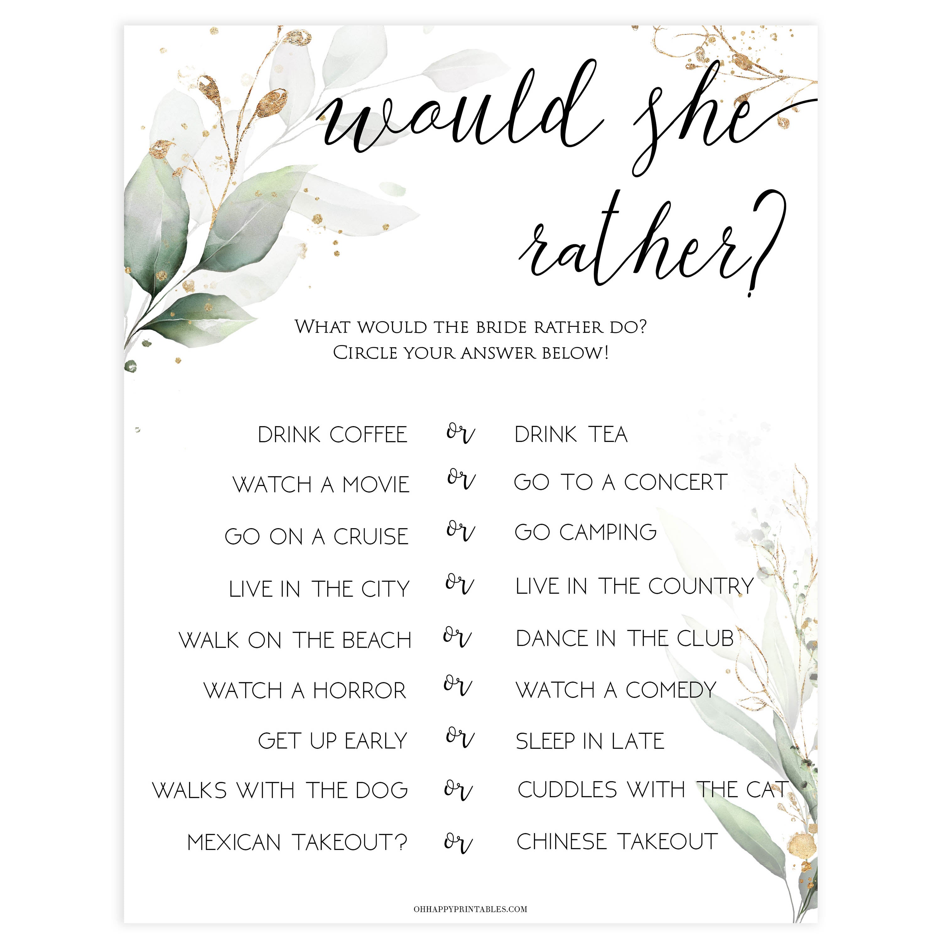 bridal would she rather game, Printable bridal shower games, greenery bridal shower, gold leaf bridal shower games, fun bridal shower games, bridal shower game ideas, greenery bridal shower