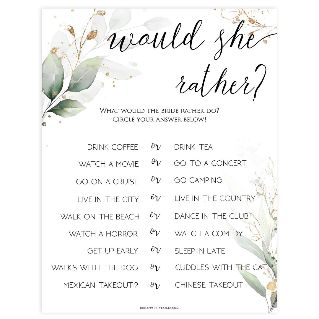 bridal would she rather game, Printable bridal shower games, greenery bridal shower, gold leaf bridal shower games, fun bridal shower games, bridal shower game ideas, greenery bridal shower