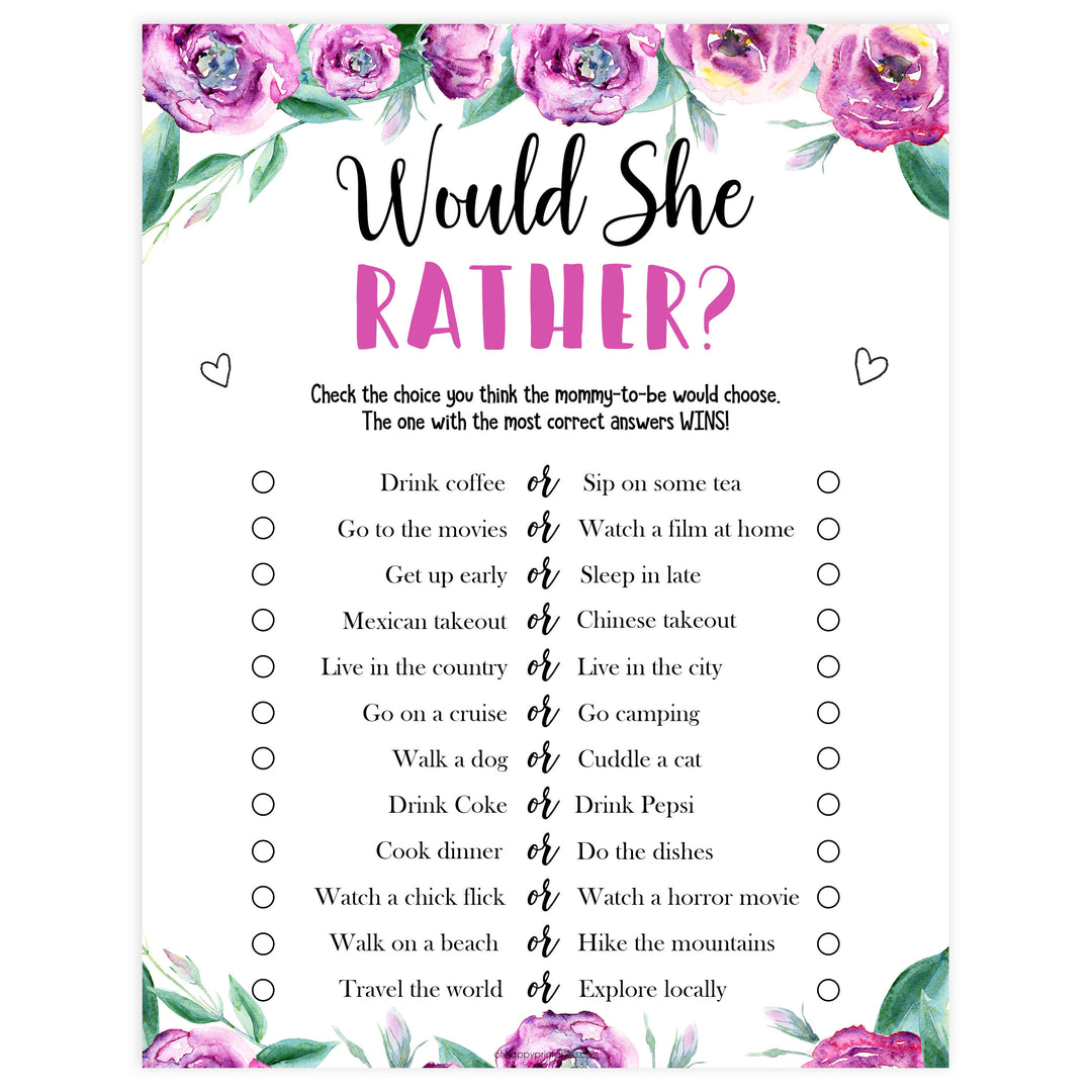 baby shower would she rather game, printable baby shower games, baby would she rather, fun baby shower games