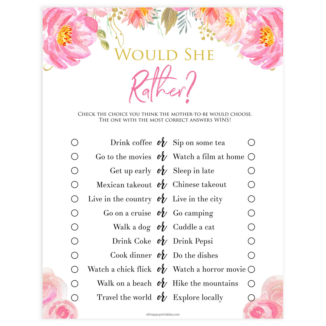 would she rather game, baby would she rather, Printable baby shower games, blush floral fun baby games, baby shower games, fun baby shower ideas, top baby shower ideas, blush baby shower, blue baby shower ideas