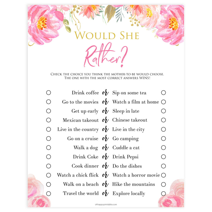 would she rather game, baby would she rather, Printable baby shower games, blush floral fun baby games, baby shower games, fun baby shower ideas, top baby shower ideas, blush baby shower, blue baby shower ideas
