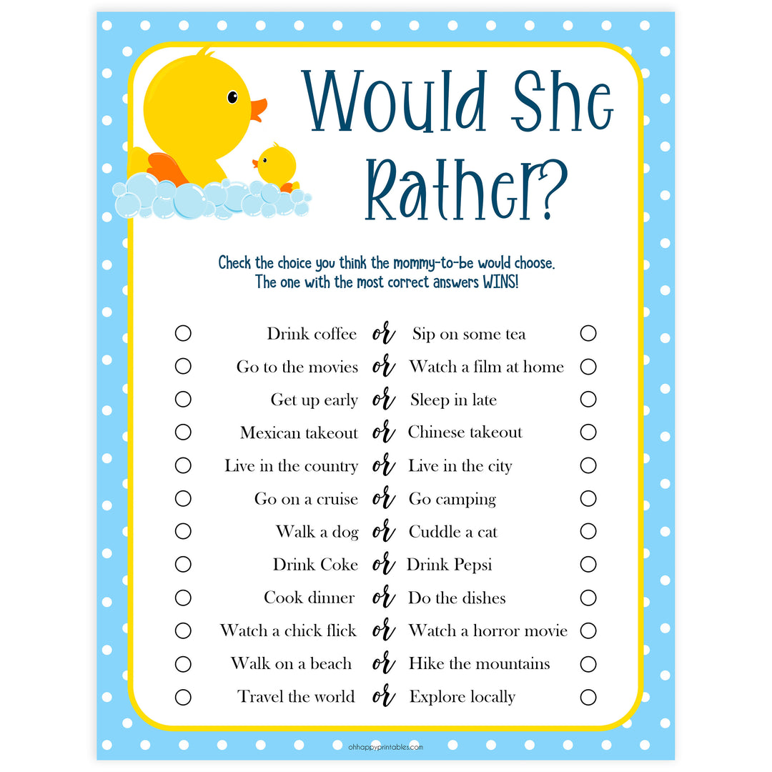 rubber ducky baby games, printable baby shower games, would she rather baby shower game, fun baby games, top baby games