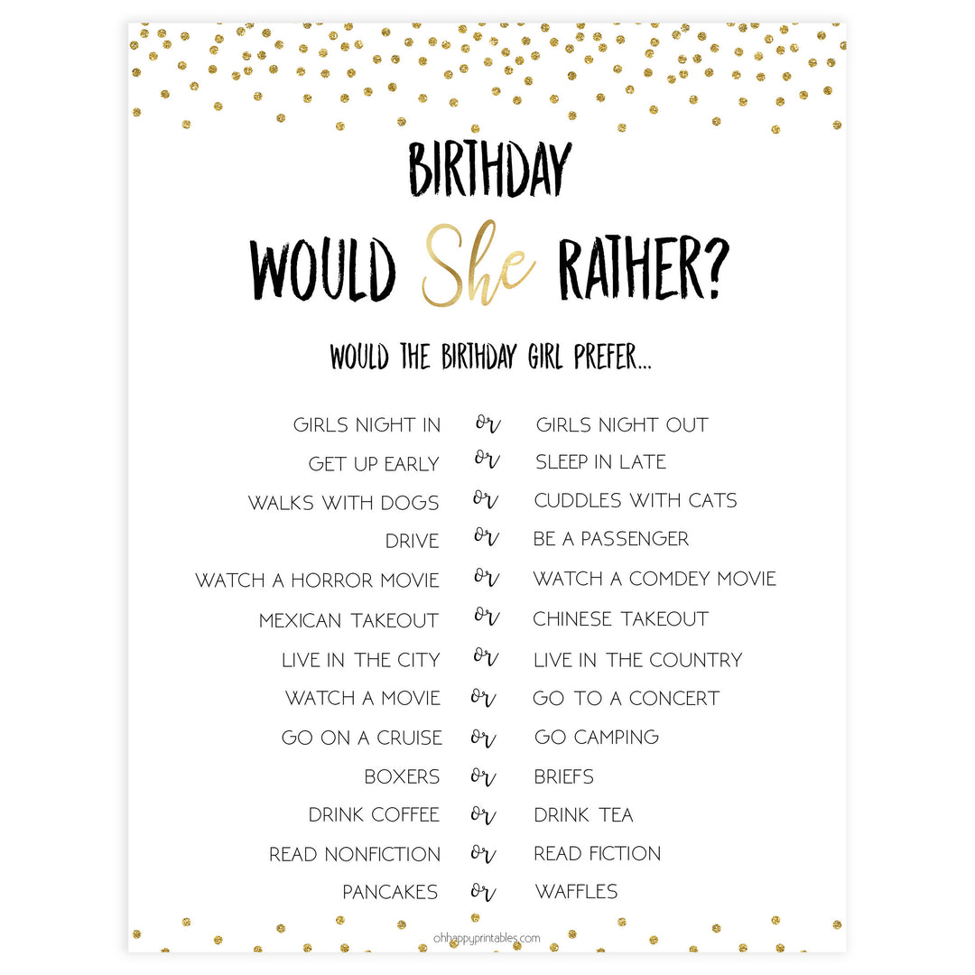 birthday would she rather, gold glitter birthday games, printable birthday games, fun birthday games, 30th birthday games, would she rather game