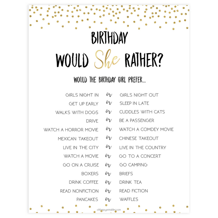 birthday would she rather, gold glitter birthday games, printable birthday games, fun birthday games, 30th birthday games, would she rather game
