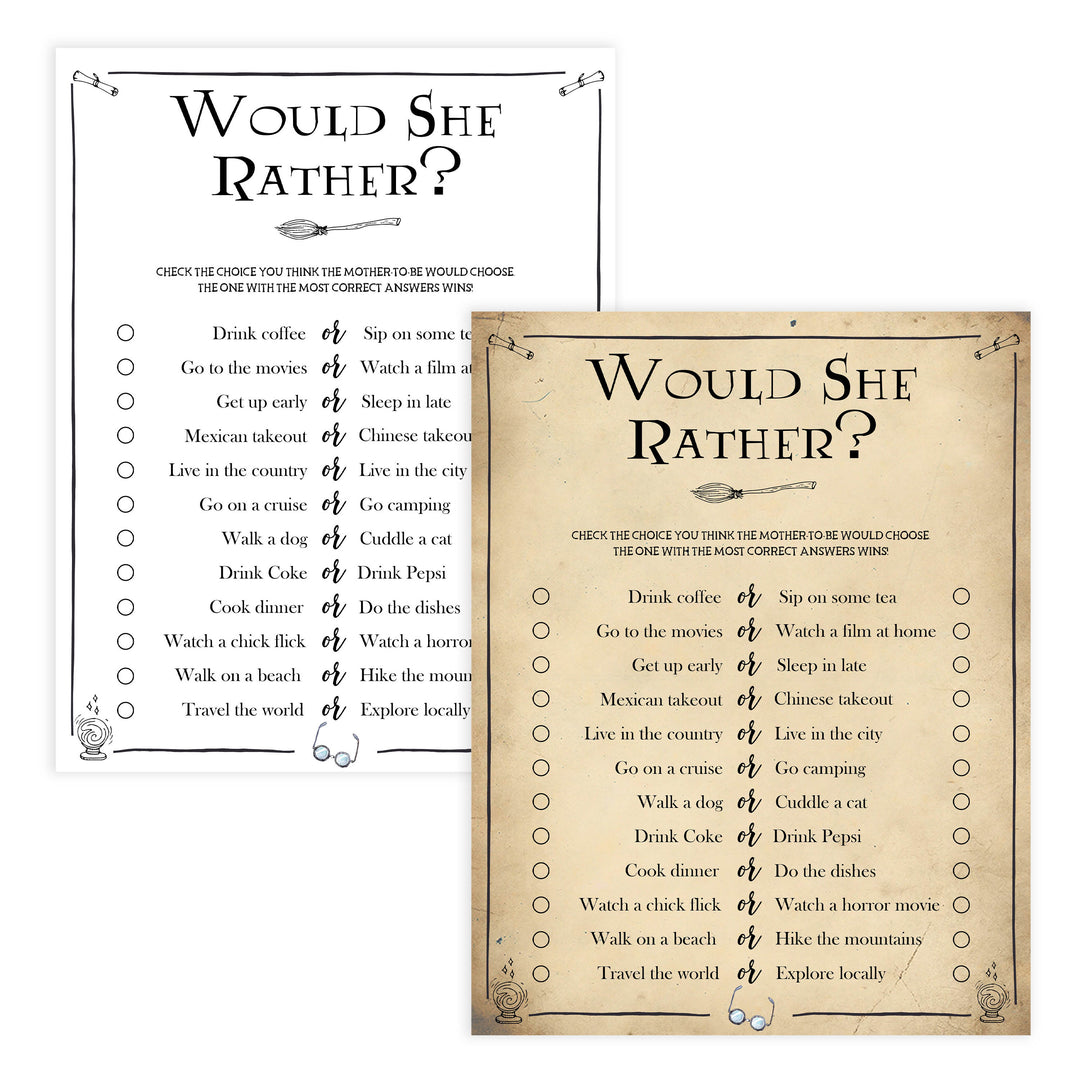 Would She Rather Baby Games, Wizard baby shower games, printable baby shower games, Harry Potter baby games, Harry Potter baby shower, fun baby shower games,  fun baby ideas