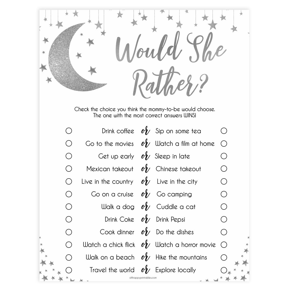 Baby Would She Rather Game, Little star baby shower games, printable baby shower games, twinkle star baby shower, fun baby games, top baby shower ideas