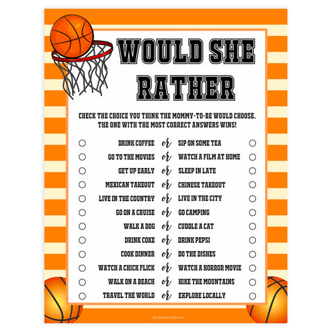 baby would she rather, would she rather game, Printable baby shower games, basketball fun baby games, baby shower games, fun baby shower ideas, top baby shower ideas, basketball baby shower, basketball baby shower ideas