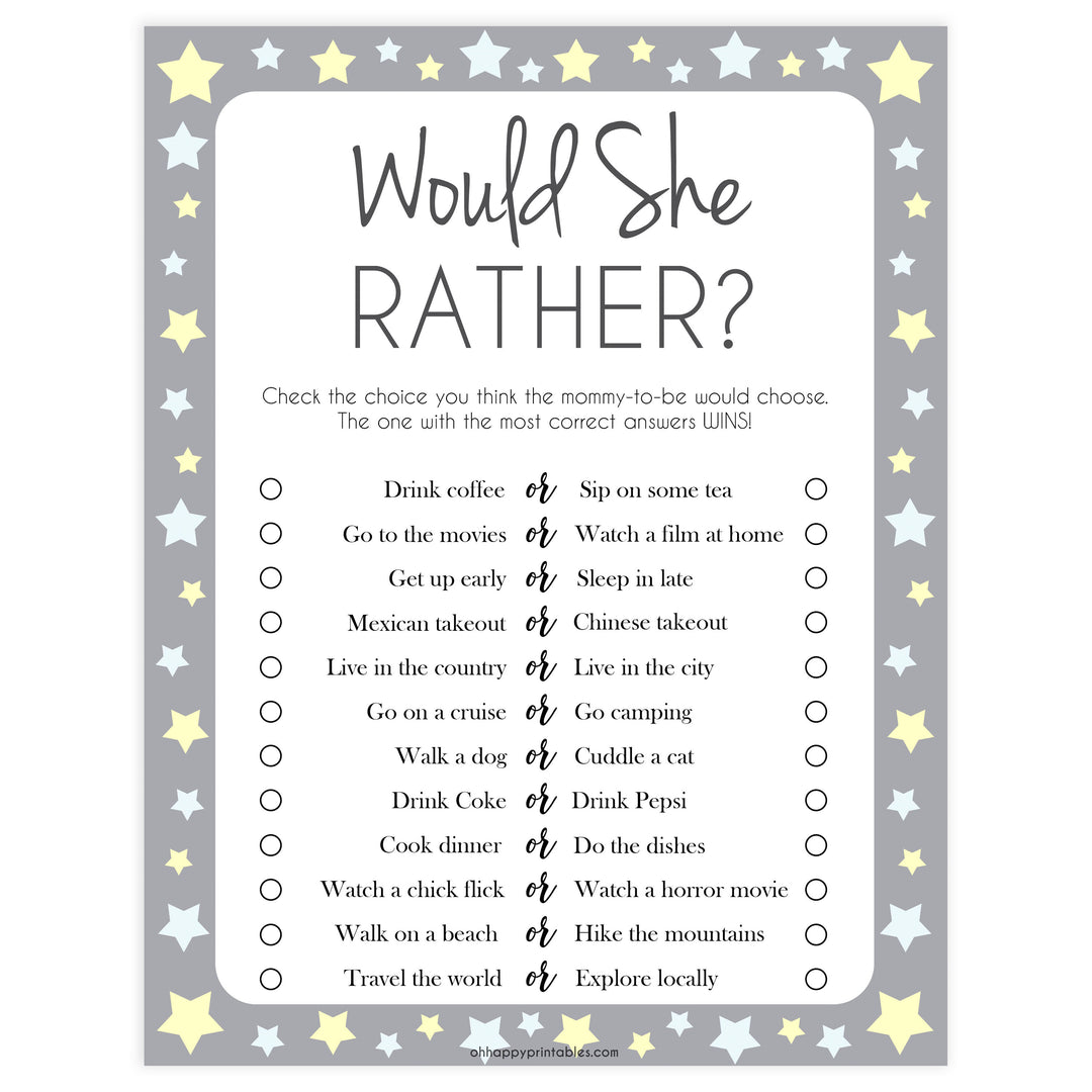 grey & yellow stars, would she rather, printable baby shower games, fun baby games, top baby shower games, star baby games, little star baby shower