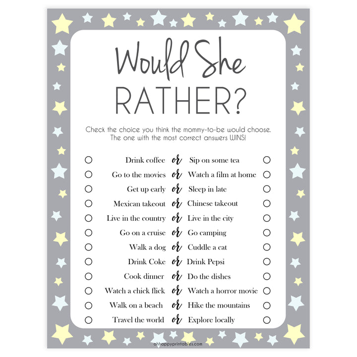 grey & yellow stars, would she rather, printable baby shower games, fun baby games, top baby shower games, star baby games, little star baby shower