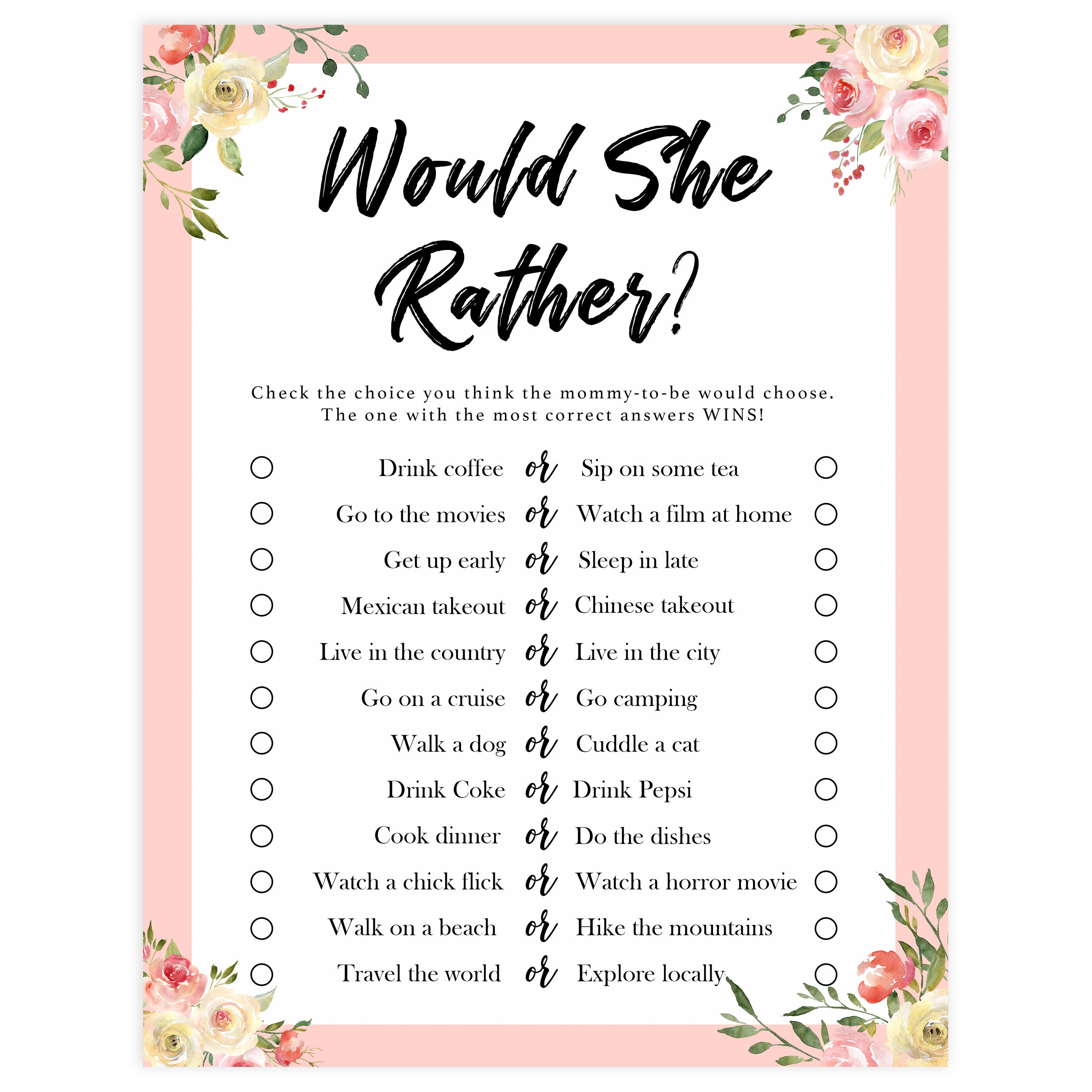 would she rather, baby would she rather, Printable baby shower games, floral fun baby games, baby shower games, fun baby shower ideas, top baby shower ideas, floral baby shower, blue baby shower ideas