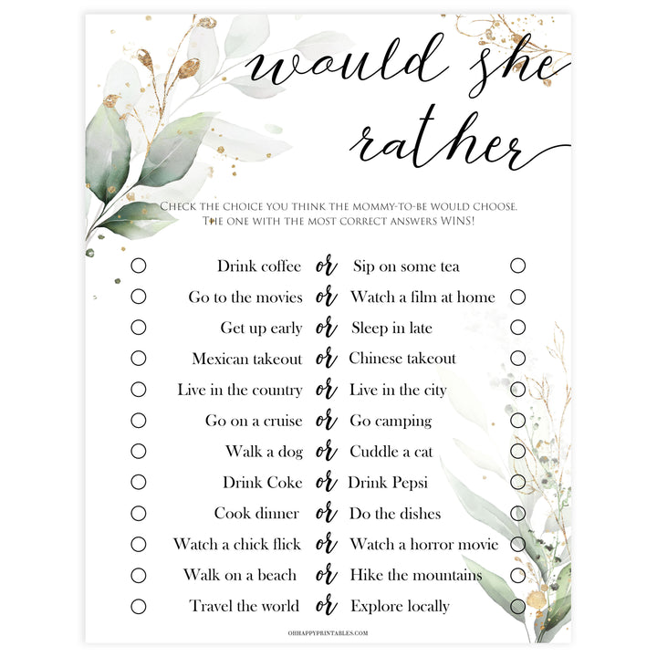 Gold green leaf baby games, would she rather baby games, printable baby games, fun baby games, top baby games to play, gold leaf baby shower, greenery baby shower ideas