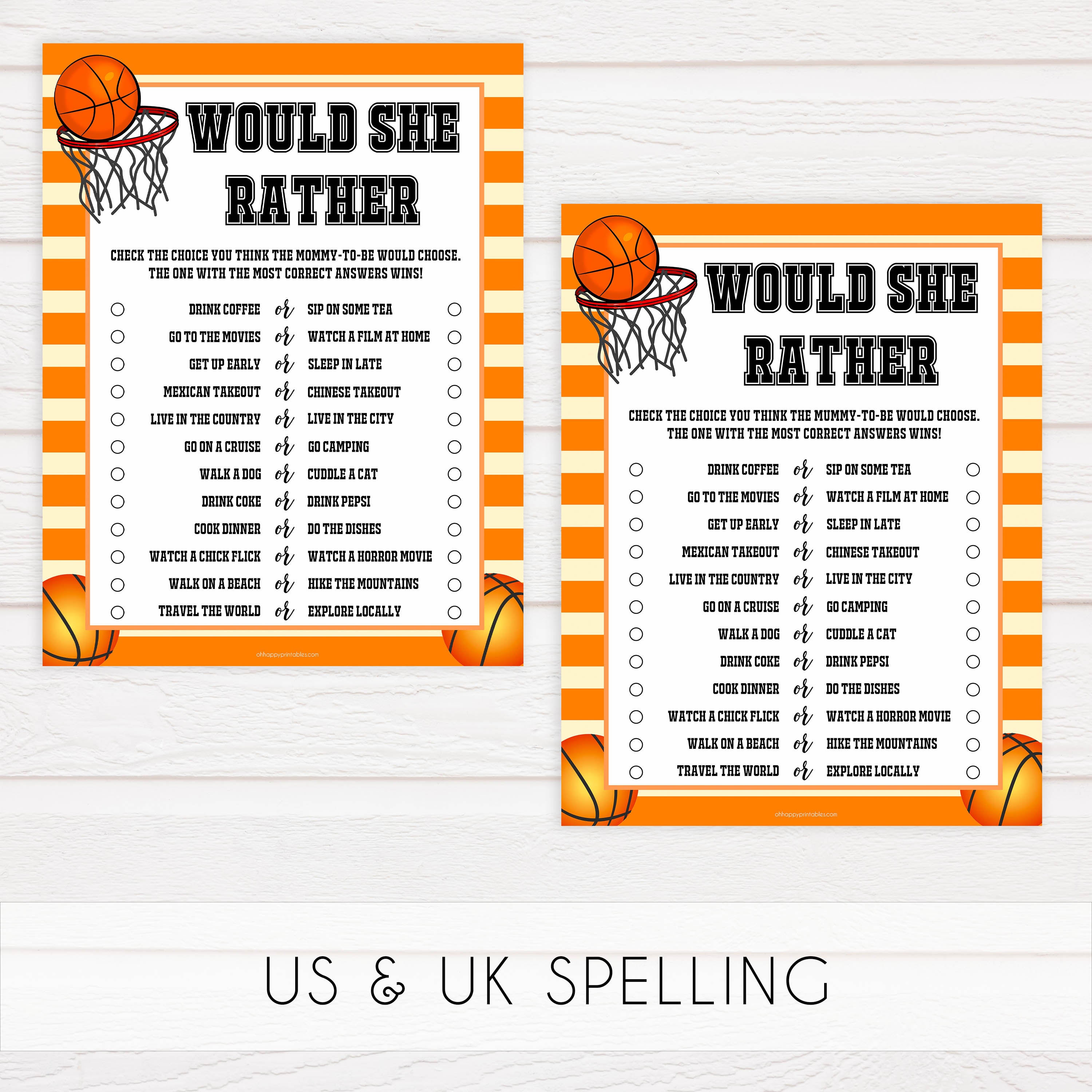 baby would she rather, would she rather game, Printable baby shower games, basketball fun baby games, baby shower games, fun baby shower ideas, top baby shower ideas, basketball baby shower, basketball baby shower ideas