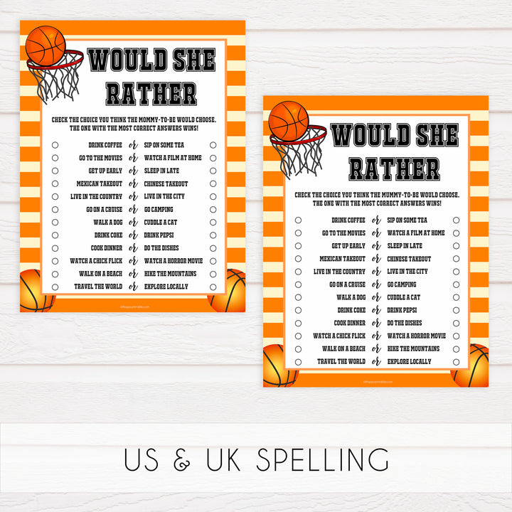 baby would she rather, would she rather game, Printable baby shower games, basketball fun baby games, baby shower games, fun baby shower ideas, top baby shower ideas, basketball baby shower, basketball baby shower ideas