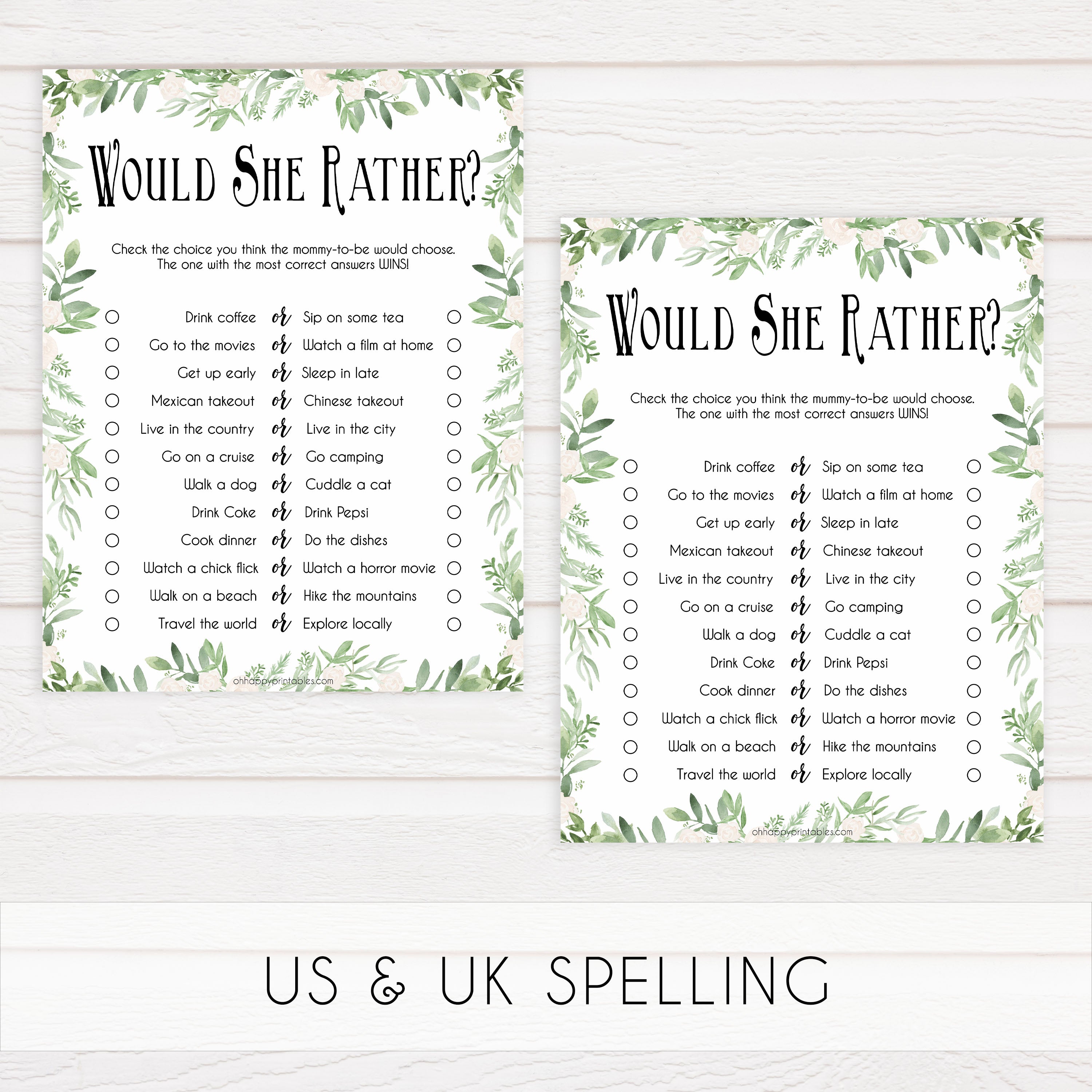 baby would she rather game, would she rather, Printable baby shower games, greenery baby shower games, fun floral baby games, botanical baby shower games