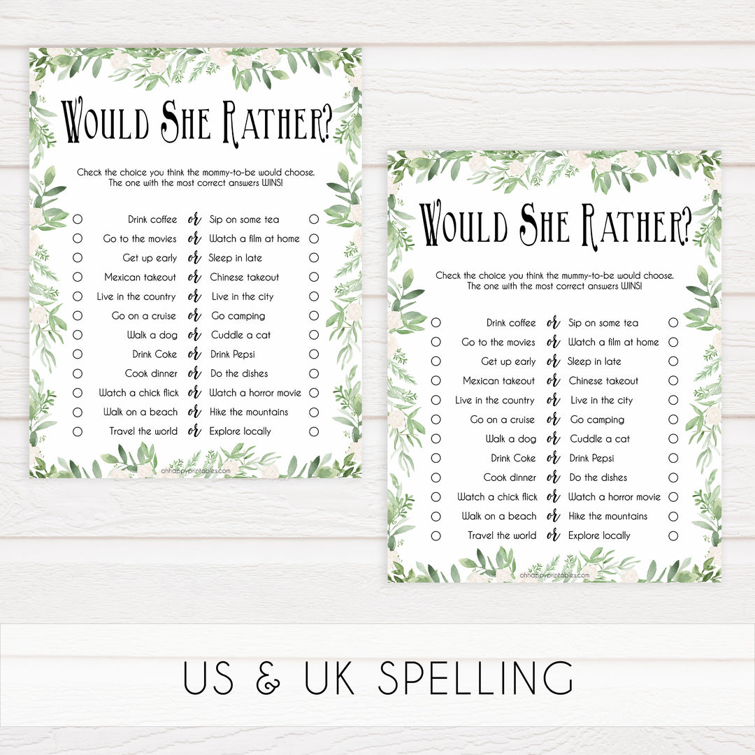 baby would she rather game, would she rather, Printable baby shower games, greenery baby shower games, fun floral baby games, botanical baby shower games