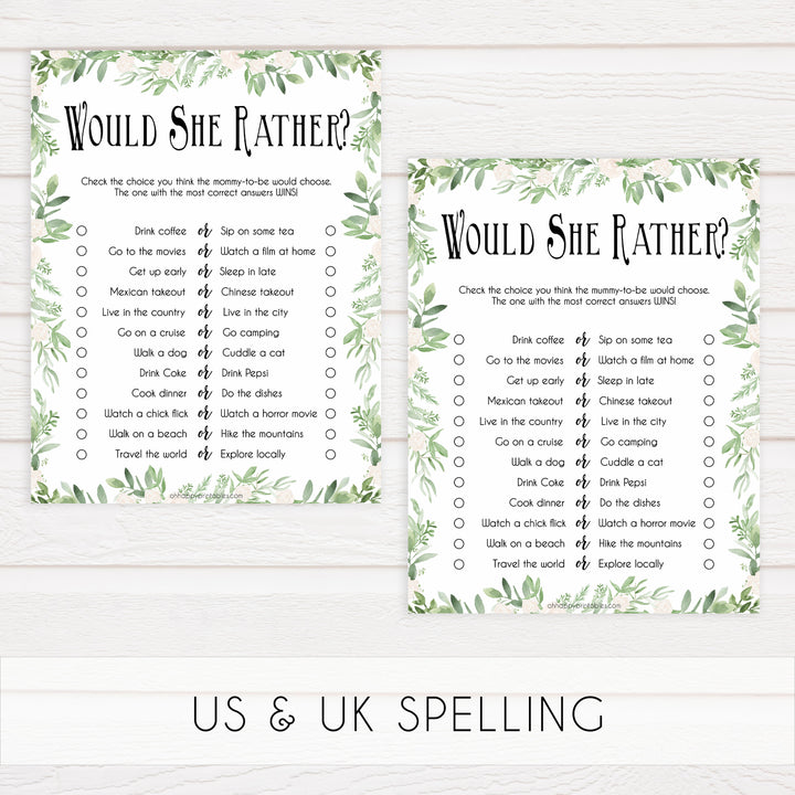 baby would she rather game, would she rather, Printable baby shower games, greenery baby shower games, fun floral baby games, botanical baby shower games