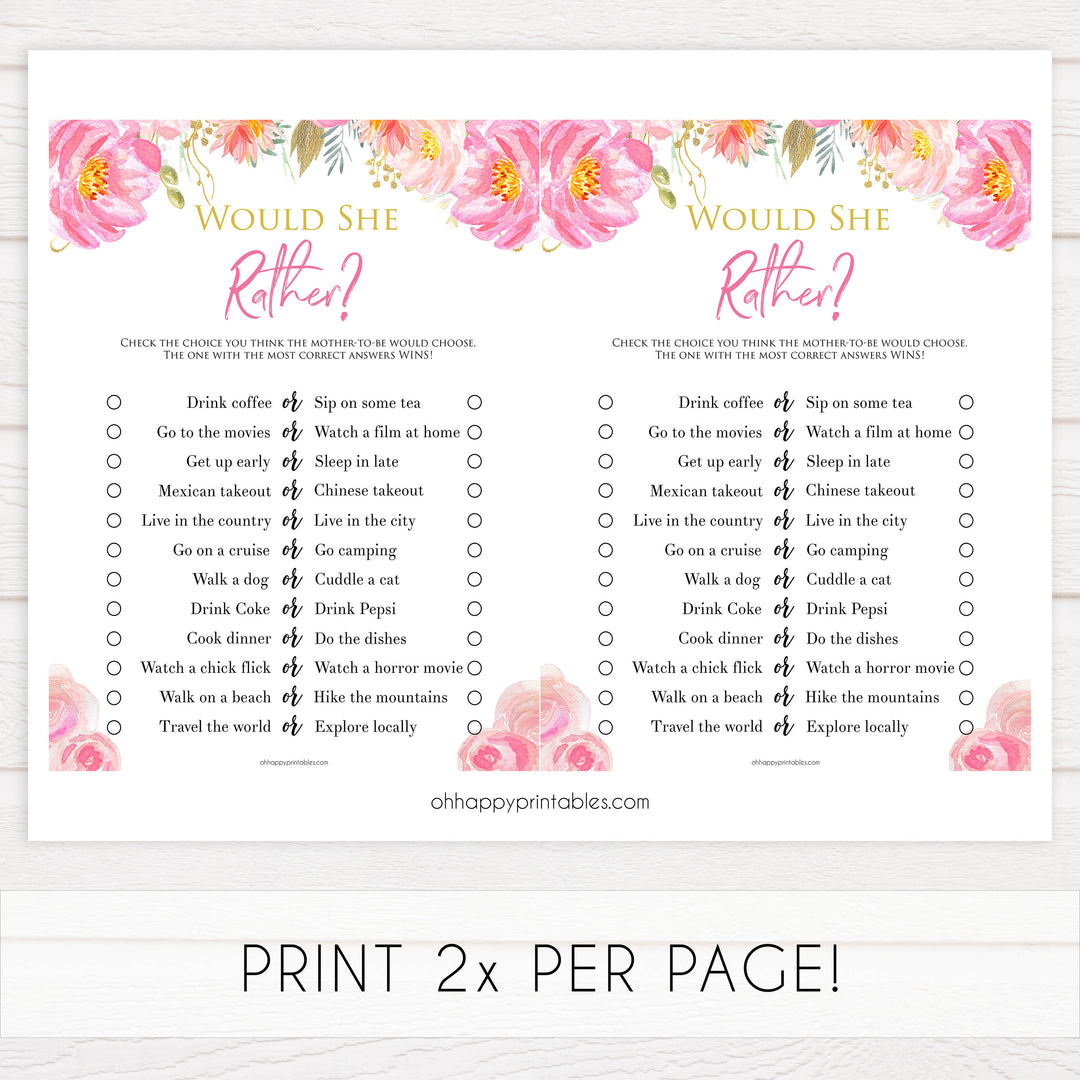 would she rather game, baby would she rather, Printable baby shower games, blush floral fun baby games, baby shower games, fun baby shower ideas, top baby shower ideas, blush baby shower, blue baby shower ideas