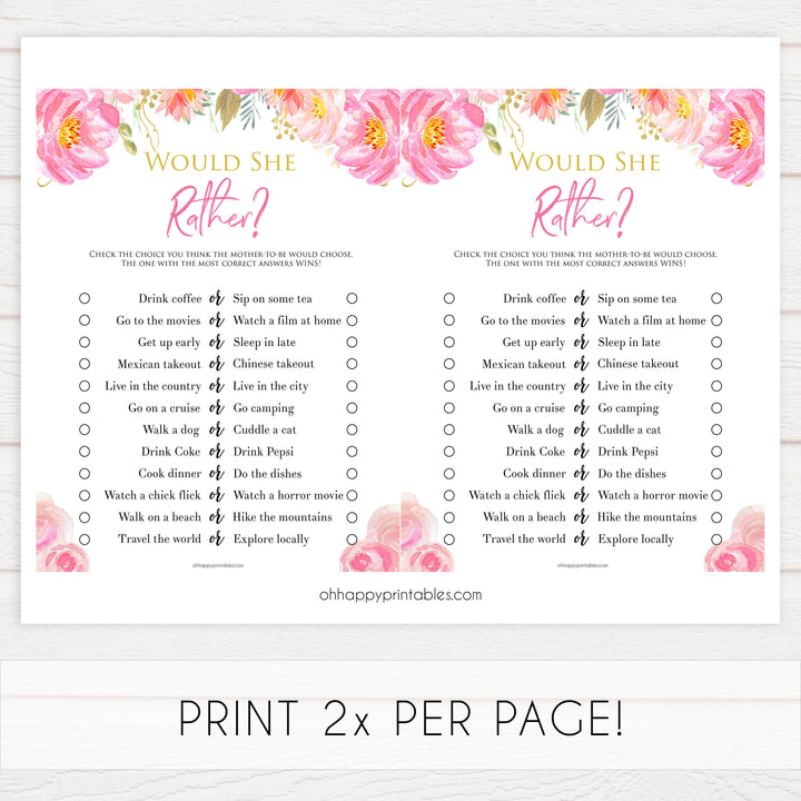 would she rather game, baby would she rather, Printable baby shower games, blush floral fun baby games, baby shower games, fun baby shower ideas, top baby shower ideas, blush baby shower, blue baby shower ideas