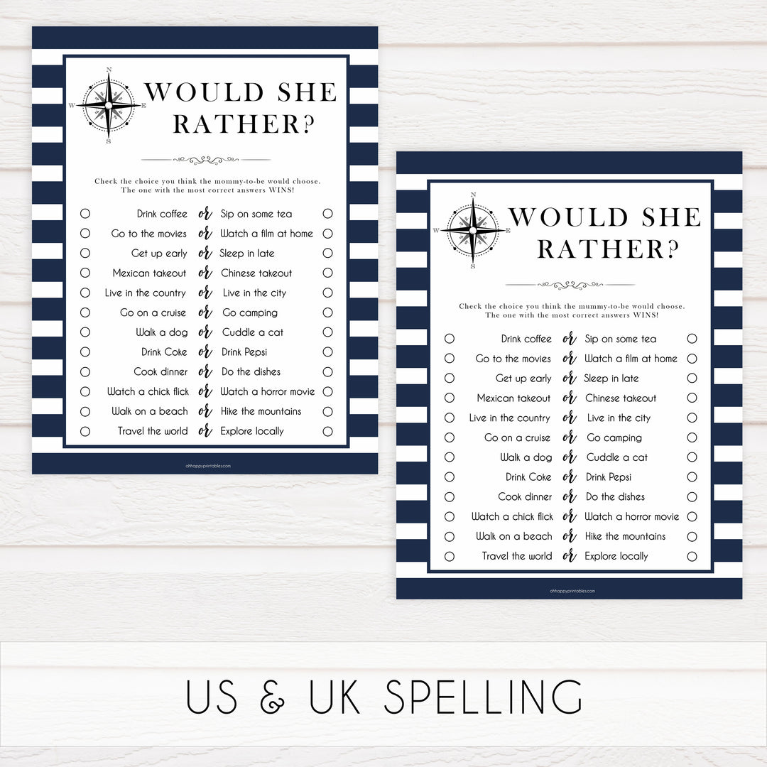 Would She Rather game, would she rather printable, Printable baby shower games, nautical baby shower games, nautical baby games, fun baby shower games, top baby shower ideas