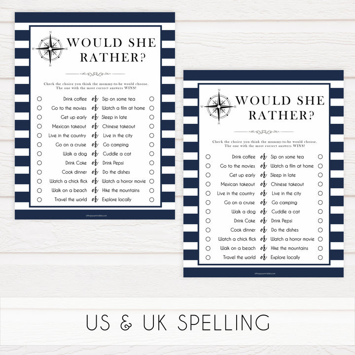 Would She Rather game, would she rather printable, Printable baby shower games, nautical baby shower games, nautical baby games, fun baby shower games, top baby shower ideas