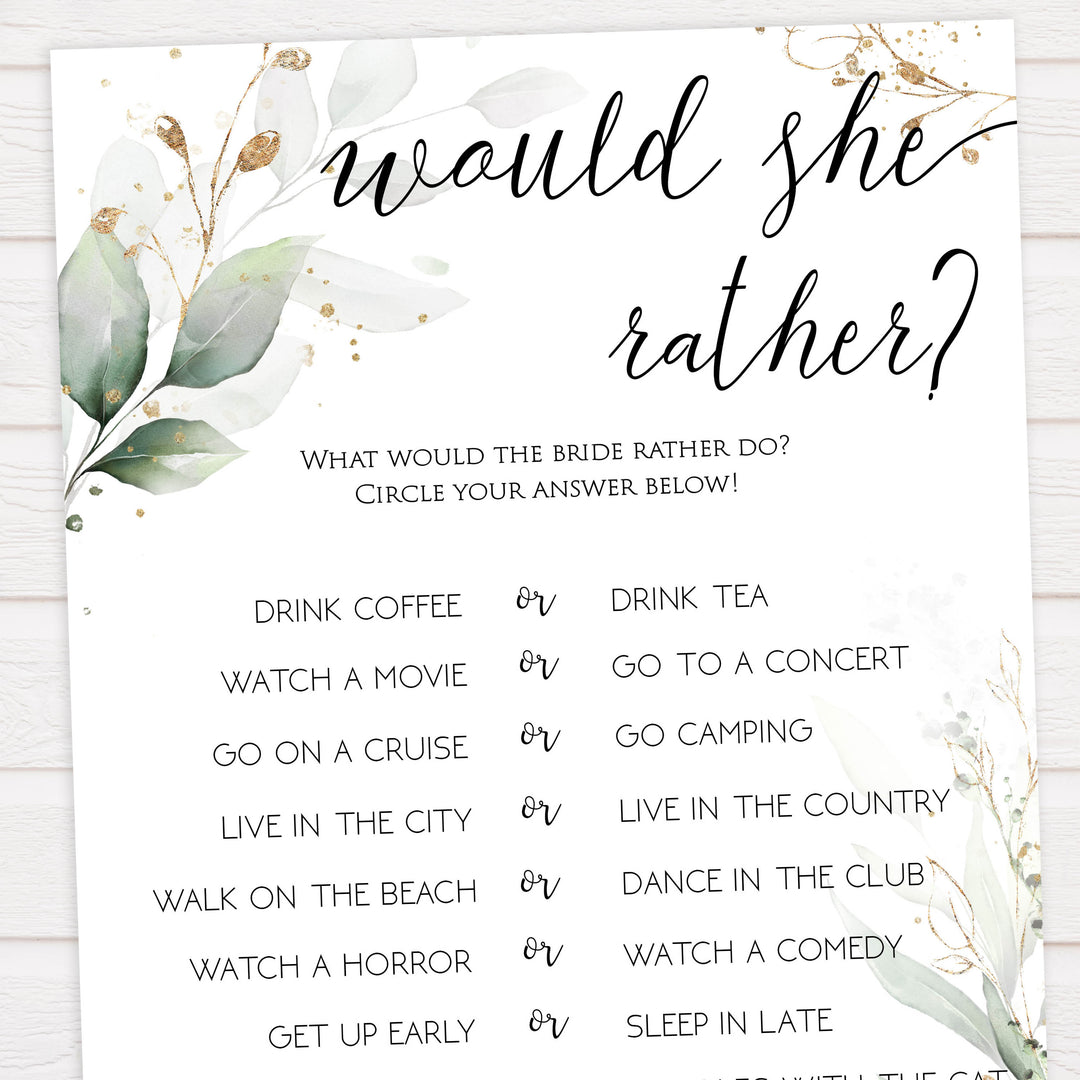 bridal would she rather game, Printable bridal shower games, greenery bridal shower, gold leaf bridal shower games, fun bridal shower games, bridal shower game ideas, greenery bridal shower