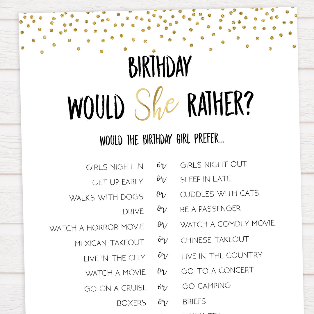 birthday would she rather, gold glitter birthday games, printable birthday games, fun birthday games, 30th birthday games, would she rather game