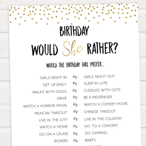 birthday would she rather, gold glitter birthday games, printable birthday games, fun birthday games, 30th birthday games, would she rather game