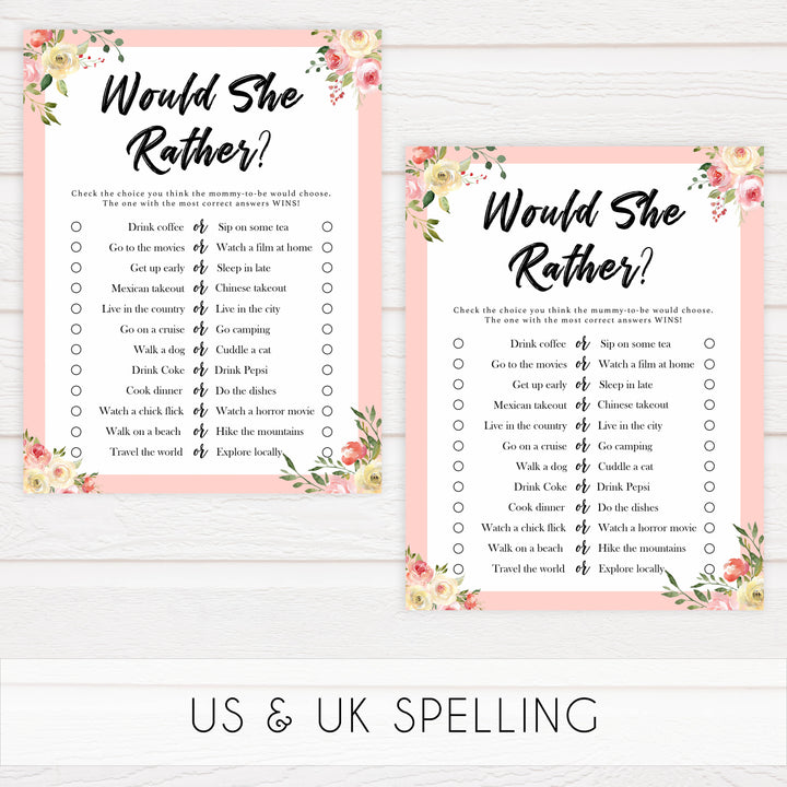 would she rather, baby would she rather, Printable baby shower games, floral fun baby games, baby shower games, fun baby shower ideas, top baby shower ideas, floral baby shower, blue baby shower ideas