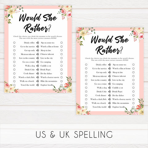 would she rather, baby would she rather, Printable baby shower games, floral fun baby games, baby shower games, fun baby shower ideas, top baby shower ideas, floral baby shower, blue baby shower ideas