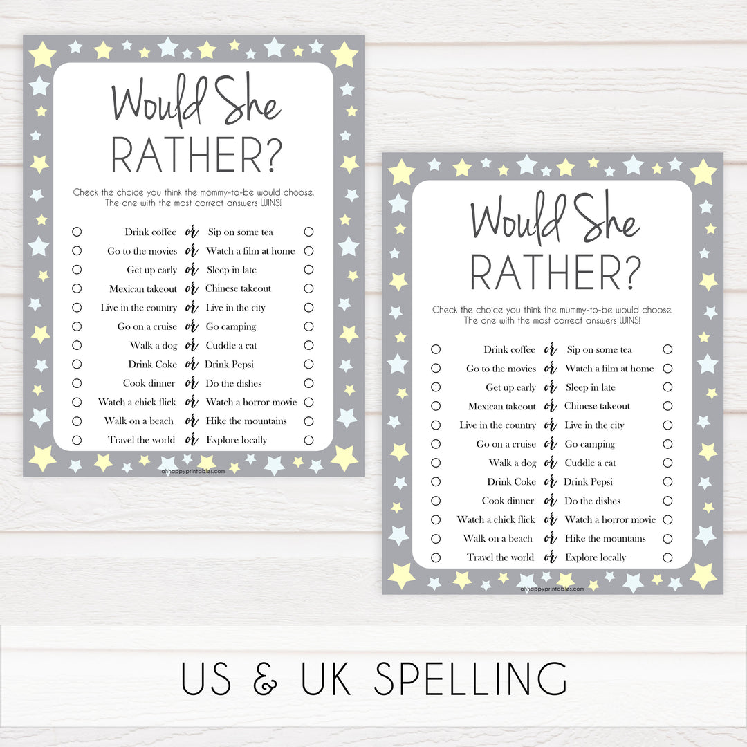 grey & yellow stars, would she rather, printable baby shower games, fun baby games, top baby shower games, star baby games, little star baby shower