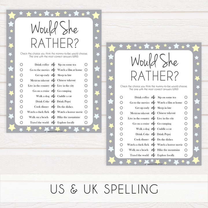 grey & yellow stars, would she rather, printable baby shower games, fun baby games, top baby shower games, star baby games, little star baby shower
