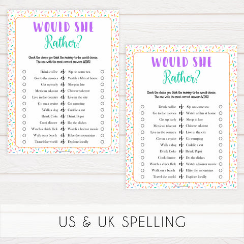 would she rather baby game, Printable baby shower games, baby sprinkle fun baby games, baby shower games, fun baby shower ideas, top baby shower ideas, sprinkle shower baby shower, friends baby shower ideas