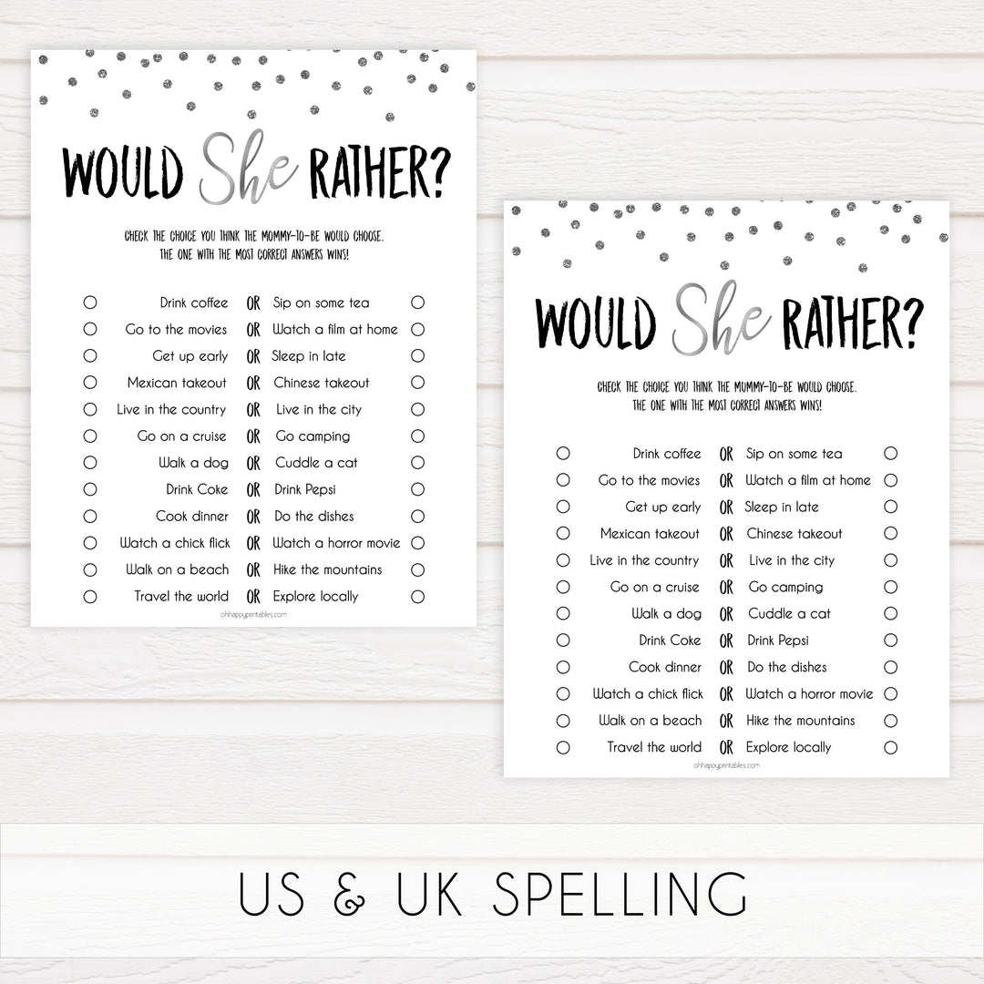 baby would she rather, would she rather game, Printable baby shower games, baby silver glitter fun baby games, baby shower games, fun baby shower ideas, top baby shower ideas, silver glitter shower baby shower, friends baby shower ideas
