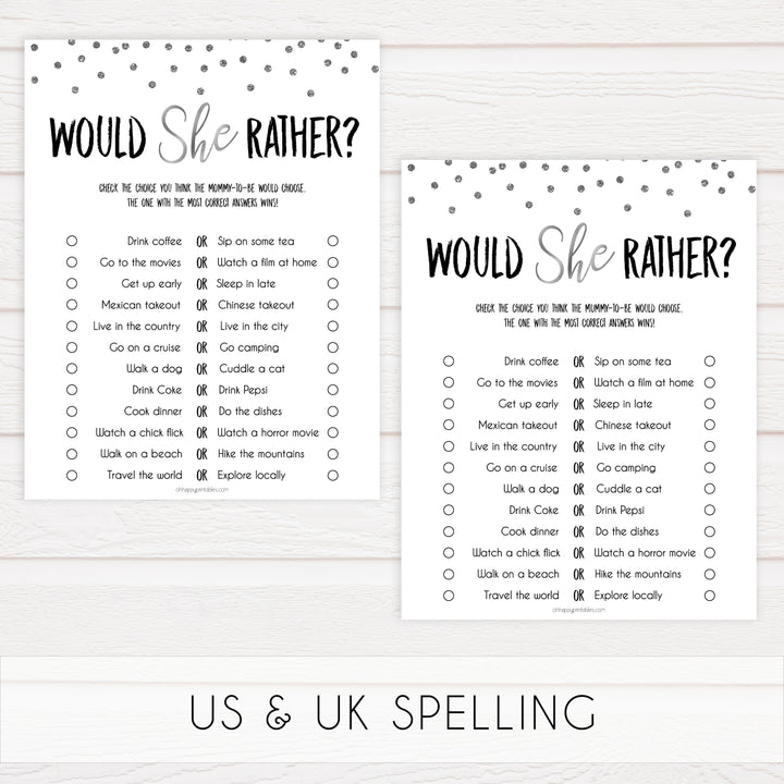 baby would she rather, would she rather game, Printable baby shower games, baby silver glitter fun baby games, baby shower games, fun baby shower ideas, top baby shower ideas, silver glitter shower baby shower, friends baby shower ideas
