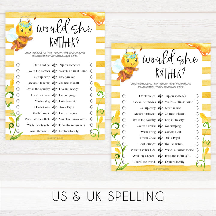 would she rather baby game, would she rather, Printable baby shower games, mommy bee fun baby games, baby shower games, fun baby shower ideas, top baby shower ideas, mommy to bee baby shower, friends baby shower ideas