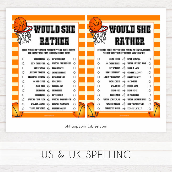 baby would she rather, would she rather game, Printable baby shower games, basketball fun baby games, baby shower games, fun baby shower ideas, top baby shower ideas, basketball baby shower, basketball baby shower ideas