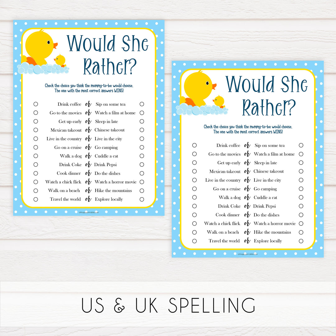 rubber ducky baby games, printable baby shower games, would she rather baby shower game, fun baby games, top baby games