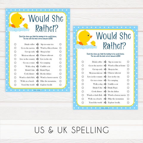 rubber ducky baby games, printable baby shower games, would she rather baby shower game, fun baby games, top baby games
