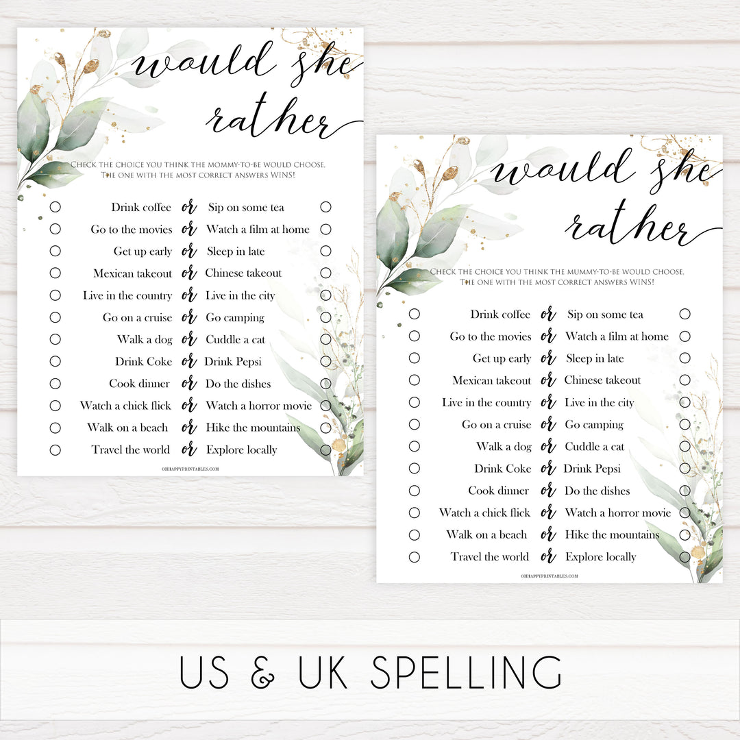 Gold green leaf baby games, would she rather baby games, printable baby games, fun baby games, top baby games to play, gold leaf baby shower, greenery baby shower ideas