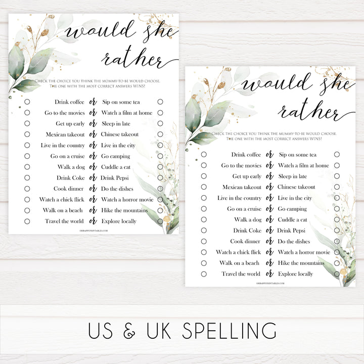 Gold green leaf baby games, would she rather baby games, printable baby games, fun baby games, top baby games to play, gold leaf baby shower, greenery baby shower ideas