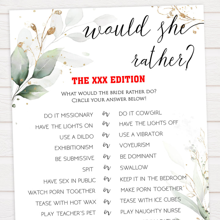 naughty would she rather game, Printable bachelorette games, greenery bachelorette, gold leaf hen party games, fun hen party games, bachelorette game ideas, greenery adult party games, naughty hen games, naughty bachelorette games