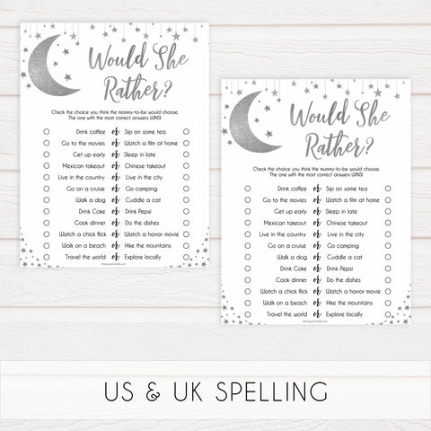Baby Would She Rather Game, Little star baby shower games, printable baby shower games, twinkle star baby shower, fun baby games, top baby shower ideas
