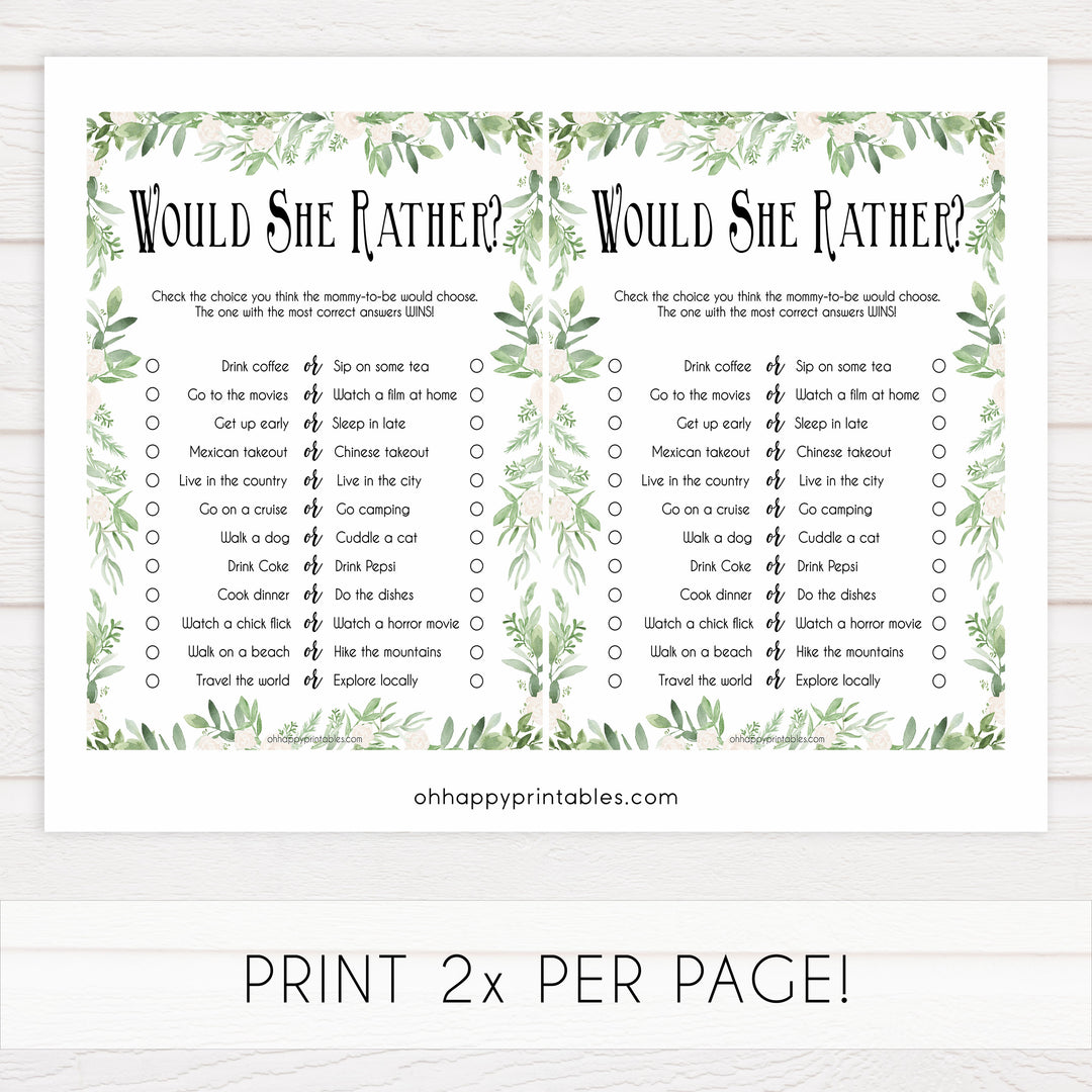 baby would she rather game, would she rather, Printable baby shower games, greenery baby shower games, fun floral baby games, botanical baby shower games