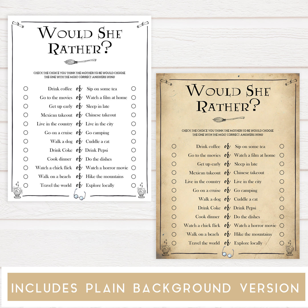 Would She Rather Baby Games, Wizard baby shower games, printable baby shower games, Harry Potter baby games, Harry Potter baby shower, fun baby shower games,  fun baby ideas