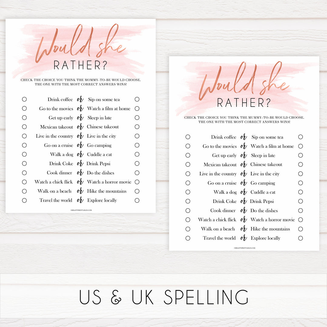 Pink swash baby games, would she rather game, printable baby games, fun baby games, pink baby shower, top baby games, fun baby games, its a girl baby game