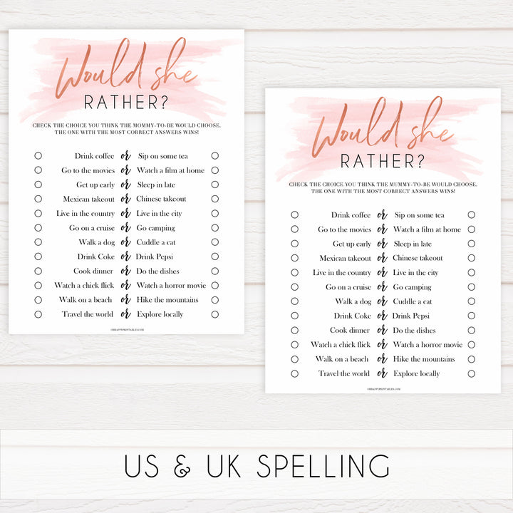 Pink swash baby games, would she rather game, printable baby games, fun baby games, pink baby shower, top baby games, fun baby games, its a girl baby game