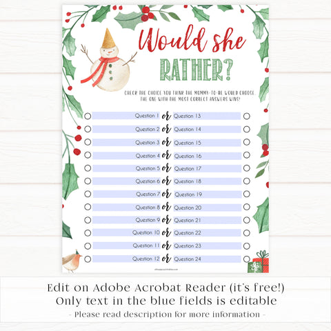 Christmas baby shower games, Would She Rather, festive baby shower games, best baby shower games, top 10 baby games, baby shower ideas, baby shower games