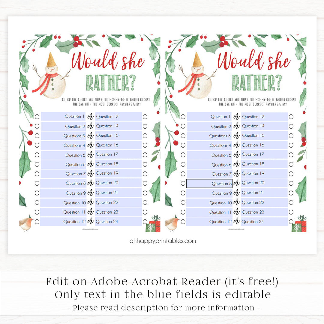 Christmas baby shower games, Would She Rather, festive baby shower games, best baby shower games, top 10 baby games, baby shower ideas, baby shower games