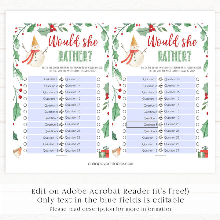 Christmas baby shower games, Would She Rather, festive baby shower games, best baby shower games, top 10 baby games, baby shower ideas, baby shower games